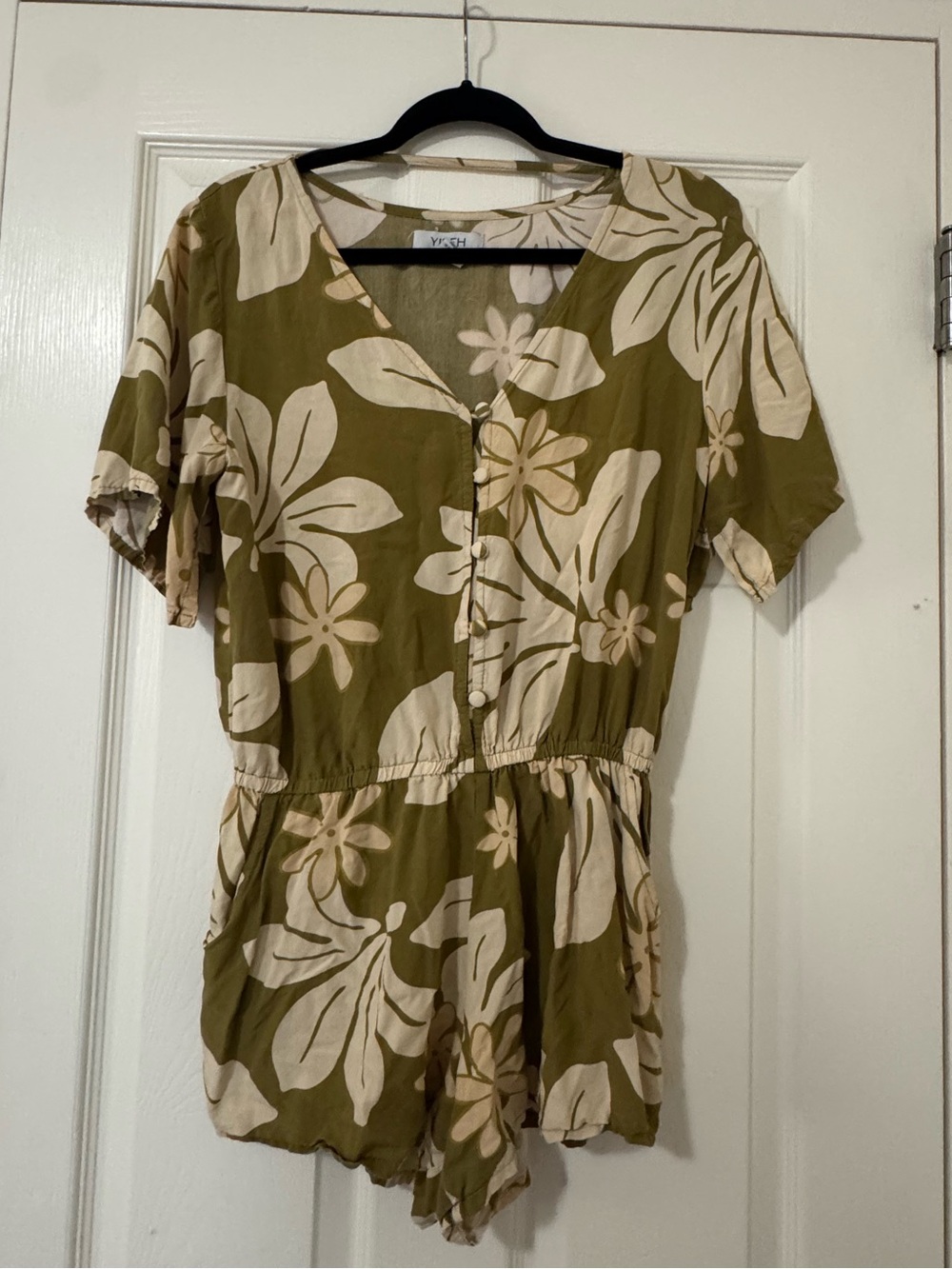 Yireh -  Olive Green Floral Short Sleeve Romper